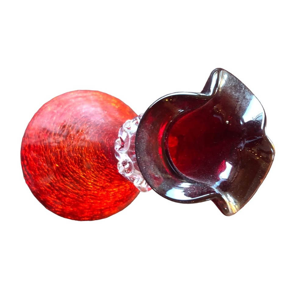 Vtg Ruby Red Amber Crackle Glass Hand Blown Bud Vase Ruffled Rim Applied Rigaree - Picture 5 of 16